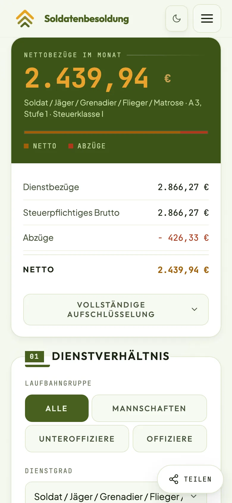 Besoldungsrechner für Soldaten mit Nettobetrag