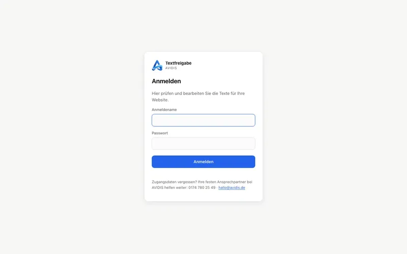 Anmeldeseite des Textfreigabe-Portals, auf der Kunden die Texte für ihre Website prüfen und bearbeiten