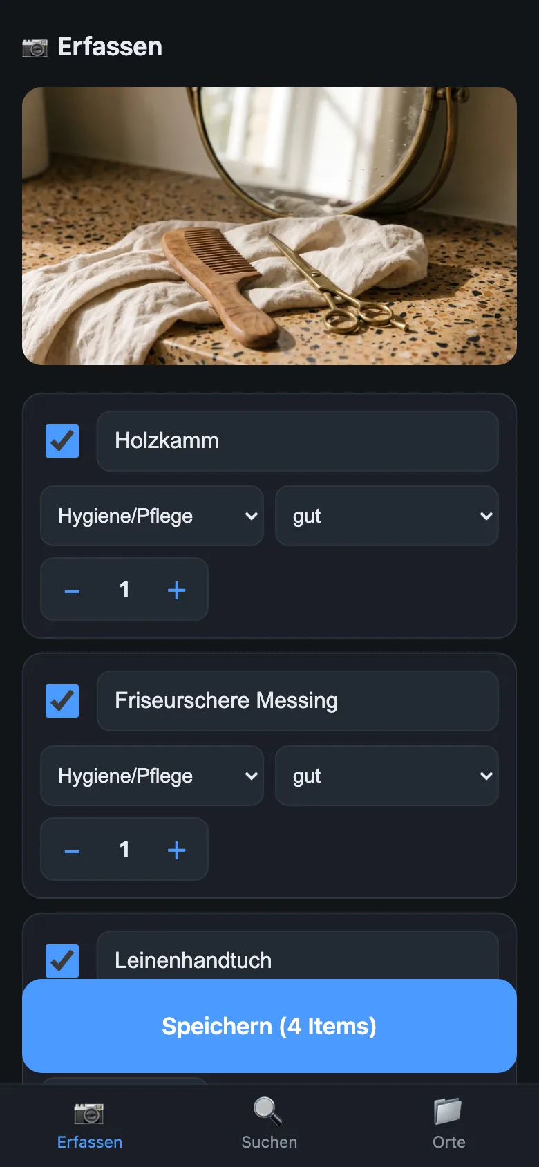 Inventar-App, Beispielansicht: Aus einem Foto wurden mehrere Gegenstände als Liste angelegt