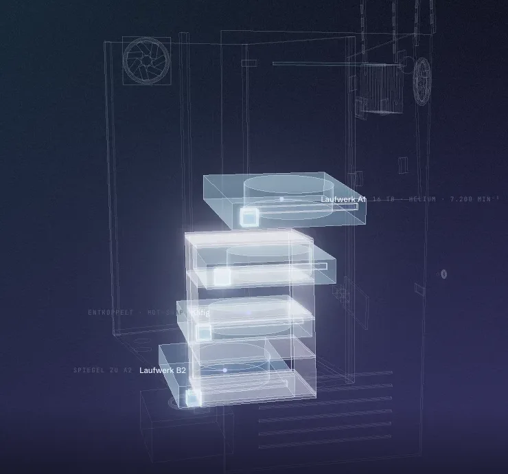 Dreidimensionale Explosionsansicht eines Backup-Servers, Stil-Demo von AVIDIS