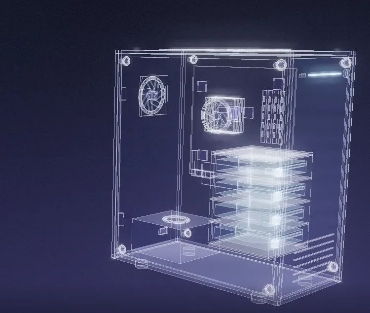 Explosionsansicht eines Backup-Servers mit Laufwerken und Gehäuse, 3D-Stil-Demo von AVIDIS