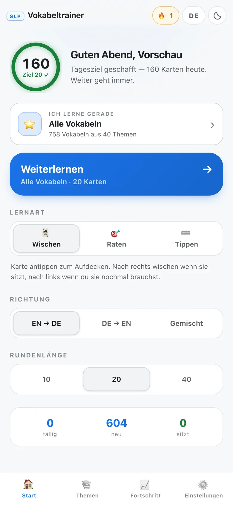 Vokabeltrainer mit Tagesziel