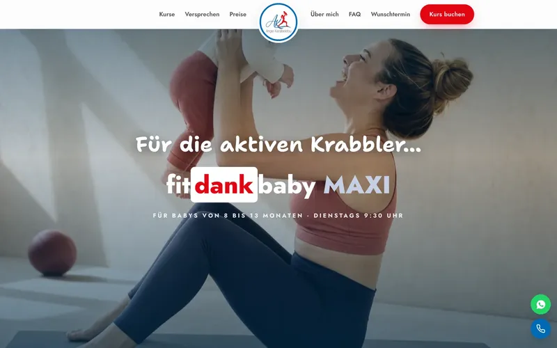 Website der Babykurse Langenfeld: Kursabschnitt „Für die aktiven Krabbler“ mit Mutter und Baby