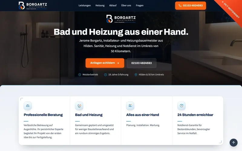 Website der Borgartz Haustechnik aus Hilden: Überschrift „Bad und Heizung aus einer Hand“ mit vier Leistungskarten darunter