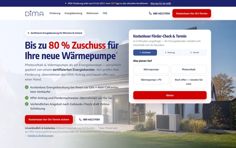 Förder-Landingpage der DiMA Haustechnik mit Förder-Check