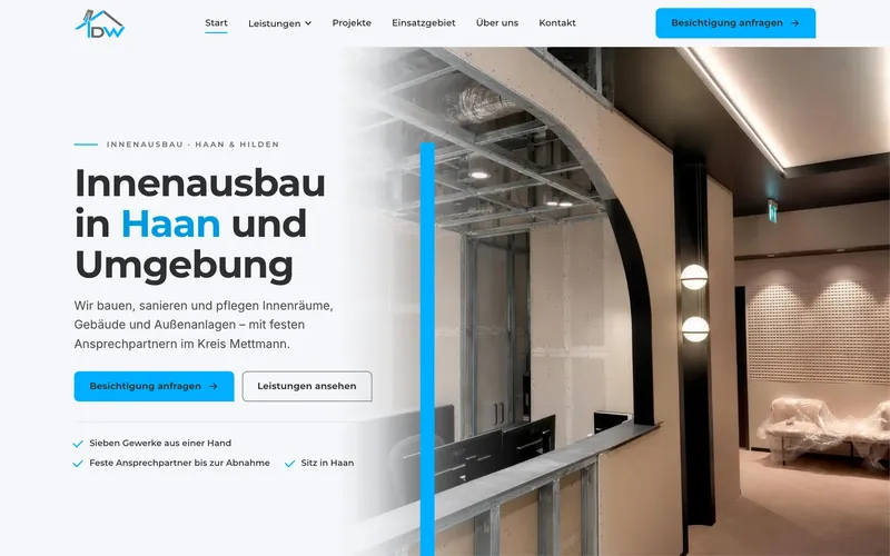 Website von DW Interieur Construction, Startbild mit Innenausbau