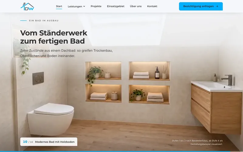 Scroll-Sequenz der DW-Website: fertiges Dachbad mit Holzboden, Überschrift „Vom Ständerwerk zum fertigen Bad“