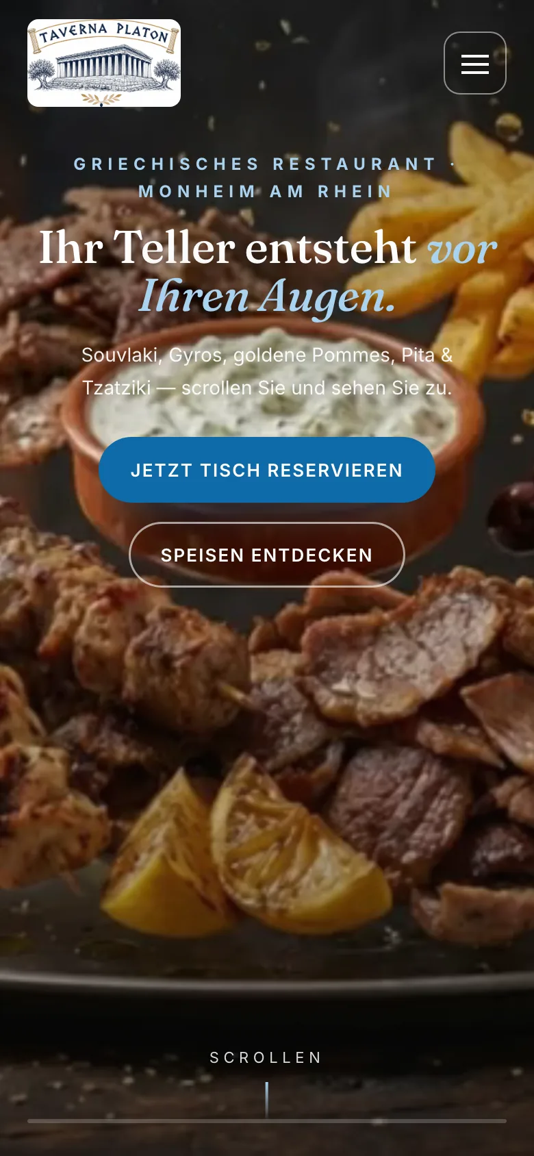 Website der Taverna Platon auf dem Handy: Startbild mit dem Knopf „Jetzt Tisch reservieren“