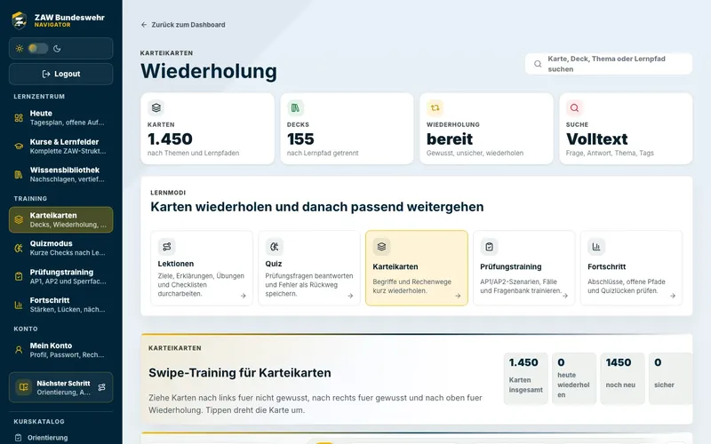 ZAW Navigator, Bereich Karteikarten: Übersicht mit Karten, Decks und Suche, darunter die Lernmodi Lektionen, Quiz, Karteikarten, Prüfungstraining und Fortschritt